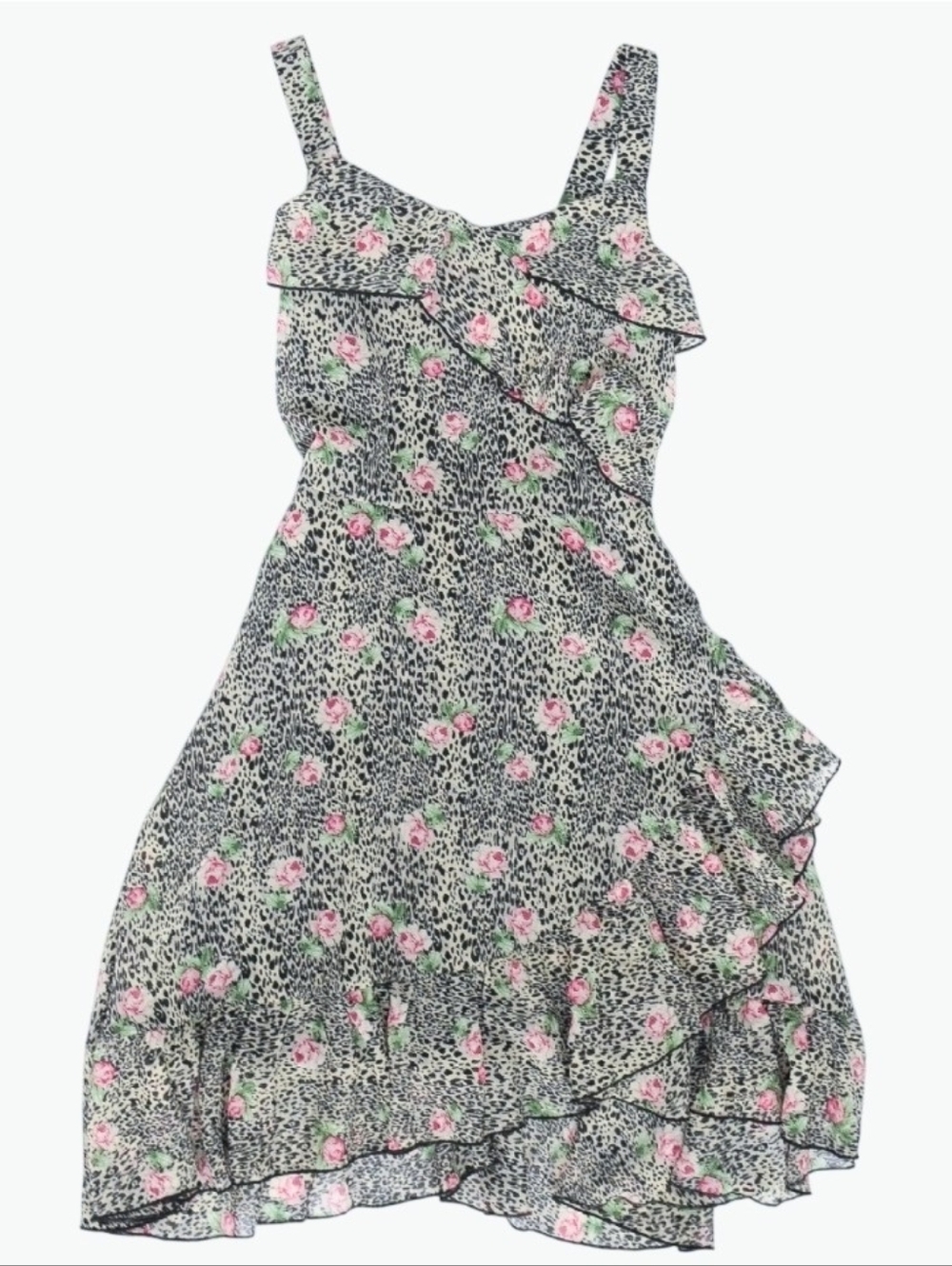 Y2K Animal Print Floral Asymmetrical Dress Ruffled Size S Fairy Grunge Boho